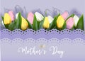 Happy Mother`s Day greeting card. Spring cut flowers tulips, festive background. Vector illustration. Women`s holiday Royalty Free Stock Photo