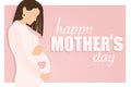 Happy Mother`s day greeting card. Stylish pregnant woman hugging her belly with baby on pink background. Modern hand drawn vector