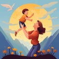 Happy Mother's Day greeting! A loving mother lifts her son up, bringing a smile to his face, symbolizing family holidays and Royalty Free Stock Photo