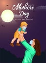 Happy mother`s day greeting. Loving Mother rising his son up and makes him smile. Family holiday and togetherness. vector