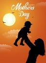 Happy mother`s day greeting. Loving Mother rising his son up and makes him smile. Family holiday and togetherness. vector