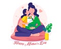 Happy Mother\'s Day. The daughter kisses her mother and gives her flowers. Mother and daughter