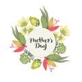 Happy Mother`s day. Lettering in frame. Spring holiday. Floral round frame. Hand drawn flowers around circle Royalty Free Stock Photo