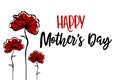 Happy Mother\'s Day lettering with red flowers on white background.