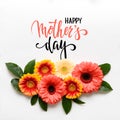 Happy Mother`s Day Living Coral Pantone Color Background. Coral flat lay greeting card with beautiful gerbera flowers. Royalty Free Stock Photo