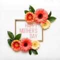 Happy Mother`s Day Living Coral Pantone Color Background. Flat lay greeting card with beautiful coral hue gerbera flowers. Royalty Free Stock Photo