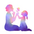 Happy mother`s day. Happy mom with her baby silhouette plus abstract watercolor painting with clipping path