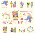 Happy Mother s Day Set of cute and colorful vector illustrations. Kids and their mom, gifts and flowers for the Mother s