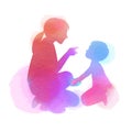 Happy mother`s day. Side view of beautiful woman is scolding her son, silhouette plus abstract watercolor painted. Parenting