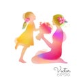 Happy mother`s day. Side view of Child daughter congratulates mom and gives her flowers silhouette plus abstract watercolor