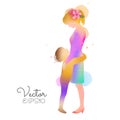 Happy mother`s day. Side view of Happy little boy hugs his mother tightly silhouette plus abstract watercolor painted.Double