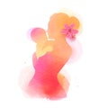 Happy mother`s day. Side view of Happy mom with baby silhouette plus abstract watercolor painted. Double exposure illustration.