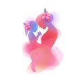 Happy mother`s day. Side view of Happy mom with daughter silhouette plus abstract watercolor painted.Happy mother`s day. Doubl