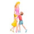 Happy mother`s day. Side view of Happy mom with her kids silhouette plus abstract watercolor painting.Happy mother`s day. Double