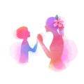 Happy mother`s day. Side view of Happy mom with son silhouette plus abstract watercolor painted. Double exposure illustration.