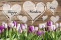 Happy mother`s day text heart with pink and white tulips rustic wooden background greeting card spring flowers Royalty Free Stock Photo