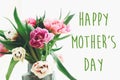 Happy Mother`s Day text sign on beautiful double peony tulips bouquet in vase in light. Stylish floral greeting card. Thank you, Royalty Free Stock Photo