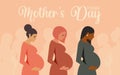 Happy Mother`s day. Three pregnant women of different nationalities and religions. Horizontal modern card