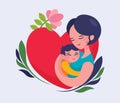 Happy Mother`s Day. Vector illustration of mother hodling child in arms on heart shape and flower background. Empty copy space