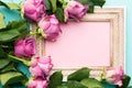 Happy Mother`s Day, Women`s Day, Valentine`s Day or Birthday Flat Lay Background. Beautiful wooden vintage picture frame and roses Royalty Free Stock Photo