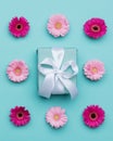 Happy Mother`s Day, Women`s Day, Valentine`s Day or Birthday Pastel Blue Candy Colour Background. Floral flat lay minimal concept. Royalty Free Stock Photo