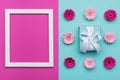 Happy Mother`s Day, Women`s Day, Valentine`s Day or Birthday Pastel Blue and Pink Candy Colour Background. Floral flat lay Royalty Free Stock Photo