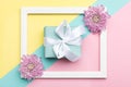 Happy Mother`s Day, Women`s Day, Valentine`s Day or Birthday Pastel Candy Colours Background. Floral flat lay. Royalty Free Stock Photo