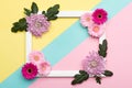 Floral flat lay. Happy Mother`s Day, Women`s Day, Valentine`s Day or Birthday Pastel Candy Colours Background. . Royalty Free Stock Photo