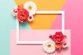 Happy Mother`s Day, Women`s Day, Valentine`s Day or Birthday Pastel Colored Background. Multicolored flat lay mock up. Royalty Free Stock Photo