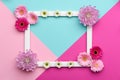 Happy Mother`s Day, Women`s Day, Valentin`s Day Or Birthday Pastel Candy Colours Background. Floral Flat Lay Greeting Card.