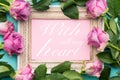 Happy Mother`s Day, Women`s Day, Valentine`s Day or Birthday Flat Lay Background. Beautiful picture frame, fresh pink roses.