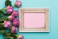 Happy Mother`s Day, Women`s Day, Valentine`s Day or Birthday Flat Lay Background. Beautiful picture frame, fresh pink roses.