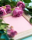 Happy Mother`s Day, Women`s Day, Valentine`s Day or Birthday Flat Lay Background. Vintage picture frame, fresh pink roses.