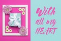 Happy Mother`s Day, Women`s Day, Valentine`s Day or Birthday Pastel Blue and Pink Candy Colour Background. Floral flat lay minimal Royalty Free Stock Photo