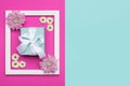 Happy Mother`s Day, Women`s Day, Valentine`s Day or Birthday Pastel Blue and Pink Candy Colour Background. Floral flat lay. Royalty Free Stock Photo