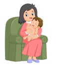 a happy mother is sitting on a green sofa holding her baby boy Royalty Free Stock Photo