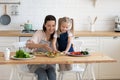 Smiling young woman giving first culinary class to daughter.