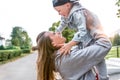 Happy mother and son, play laughing and smiling, summer day in park autumn, casual wear jeans, care and support love Royalty Free Stock Photo