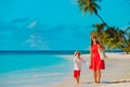 Happy mother with son walk on tropical beach vacation Royalty Free Stock Photo