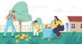 Happy Mother and Sons Garden Clean Up Works. Family Characters Cleaning Backyard Having Fun All Together, Collect Leaves Royalty Free Stock Photo