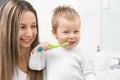 Happy mother teaching her son how to bush teeth Royalty Free Stock Photo