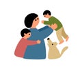 Happy mother with two children and cute pet dog. Royalty Free Stock Photo