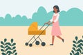 Happy mother on walk with newborn in stroller. Woman pushing pram with child in park. vector Royalty Free Stock Photo