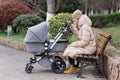 Happy Mother walking With Stroller In Park. Joy of motherhood. Stylish young caucasian woman wearing warm clothes at Royalty Free Stock Photo