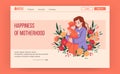 Happy mother website. Young mom hugs daughter. Parent love concept, women and little girl, motherhood banner. Cartoon Royalty Free Stock Photo