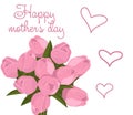 Happy mother's day. Bouquet of tulips. Spring flowers. Pink hearts. Vector backkground. Greeting card. Realistic Royalty Free Stock Photo
