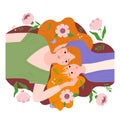 Happy Mother's Day. Mother and daughter with red hair among the flowers. A woman and a little girl lie on their backs