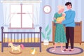 Happy motherhood. Newborn baby with hugging parents in childhood bedroom interior, young family together, loving father Royalty Free Stock Photo