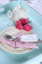 Happy Mothers Day aqua blue breakfast morning tea vintage retro shabby chic tray setting - vertical close up