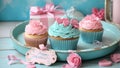 Happy Mothers Day aqua blue vintage retro shabby chic tray with pink cupcake close up Royalty Free Stock Photo